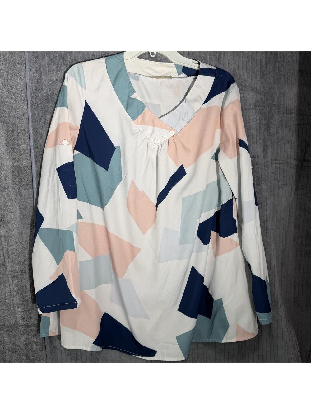 Miusey Geometric Blouse Size Large Navy Pastel Roll-Tab Sleeve V-Neck Tunic